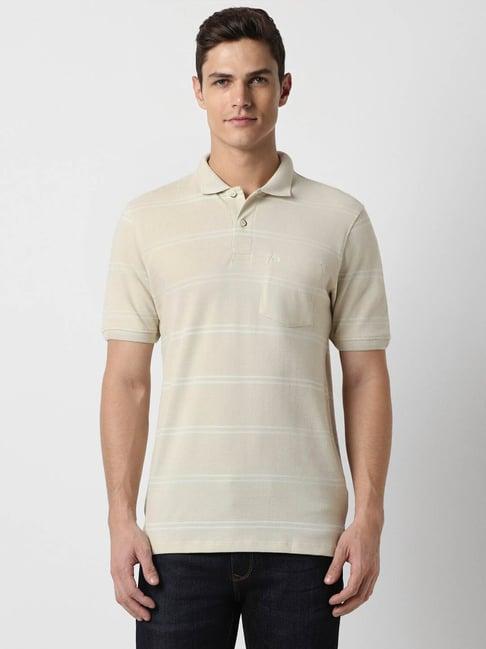 peter england beige regular fit striped polo t-shirt