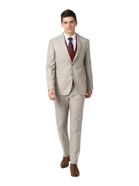 peter england beige slim fit self pattern three piece suit