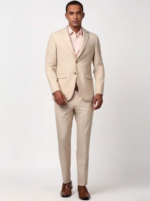 peter england beige slim fit self pattern two piece suits