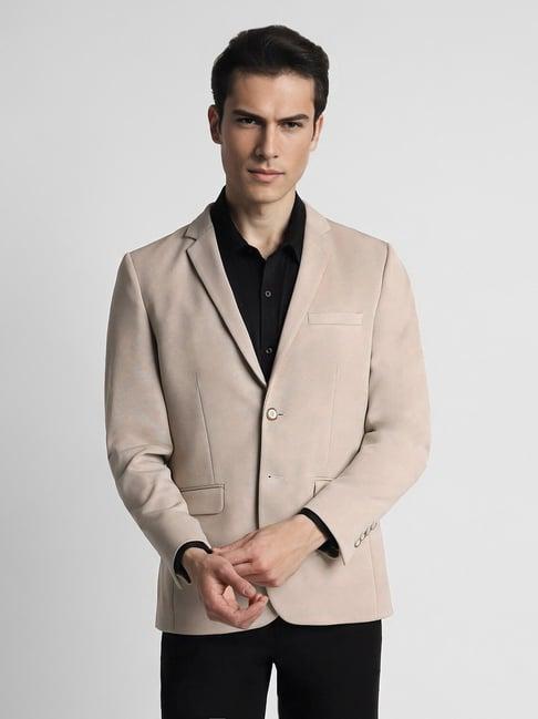 peter england beige slim fit texture blazer