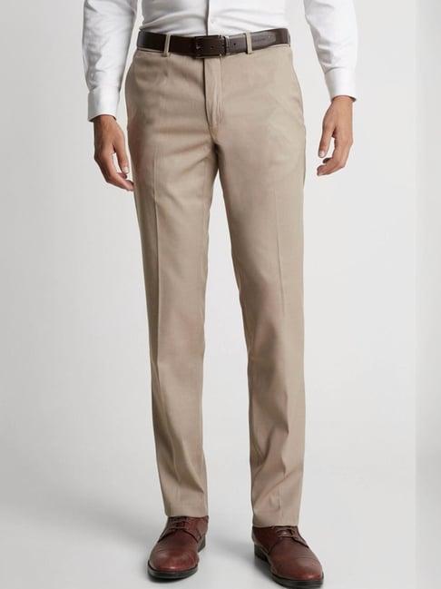 peter england beige slim fit texture trousers