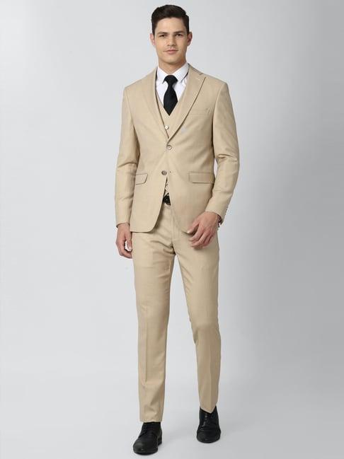 peter england beige slim fit three piece suit