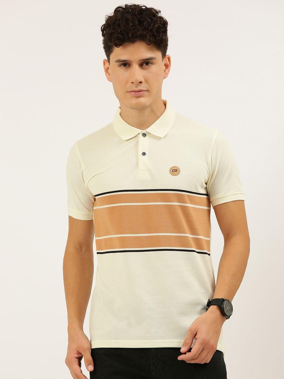 peter england better jeans company men off white & brown striped polo collar slim fit t-shirt