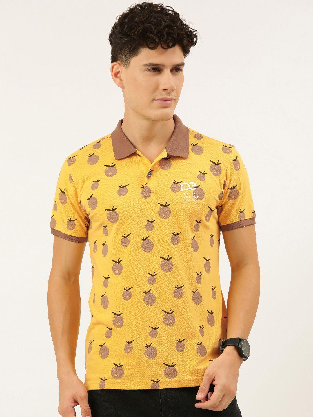 peter england better jeans company men yellow & brown printed polo collar slim fit t-shirt