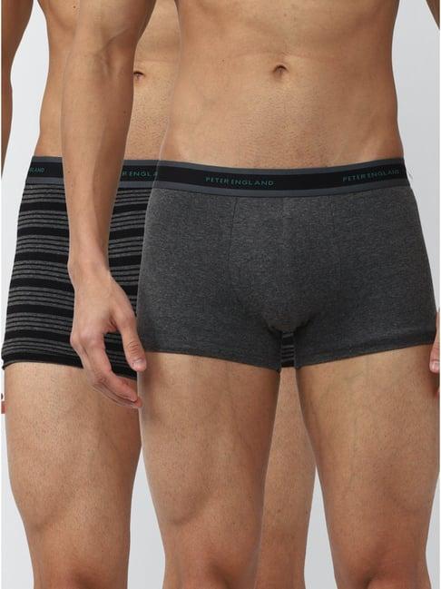 peter england black & grey cotton regular fit striped trunks - pack of 2