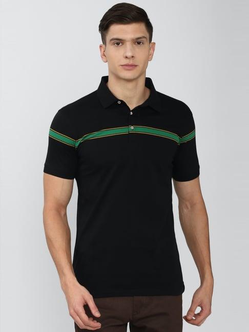 peter england black cotton slim fit striped polo t-shirt