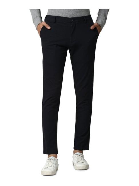 peter england black regular fit printed trousers