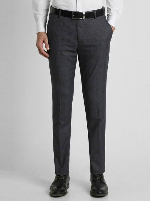 peter england black slim fit checks trousers