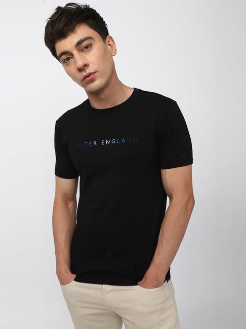 peter england black slim fit embroidered crew t-shirt