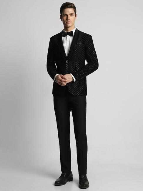 peter england black slim fit embroidered two piece suit