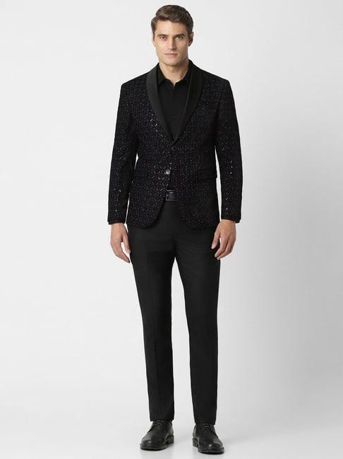 peter england black slim fit embroidered two piece suit