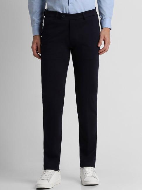 peter england black slim fit striped trousers