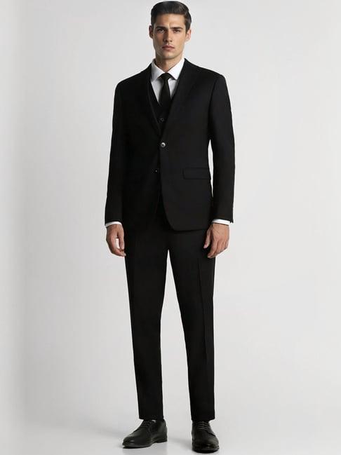 peter england black slim fit three piece suit