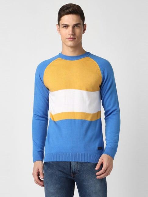 peter england blue cotton regular fit colour block sweater