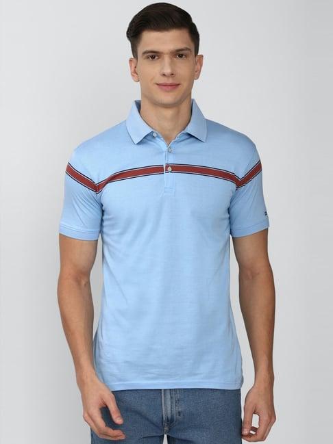 peter england blue cotton slim fit striped polo t-shirt