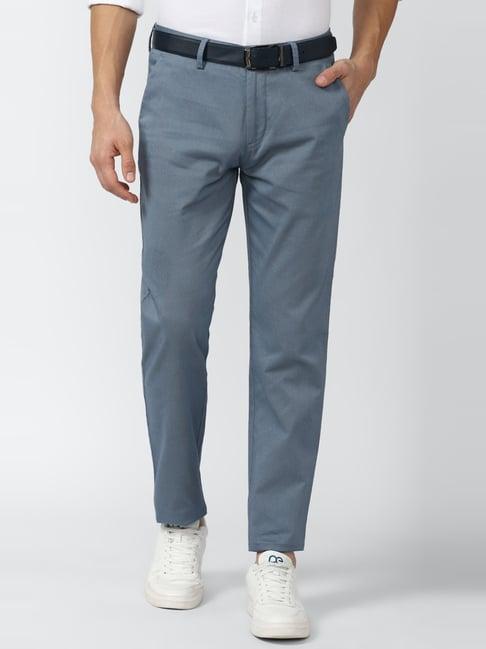 peter england blue cotton slim fit texture trousers