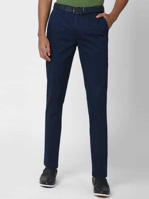 peter england blue cotton slim fit trousers