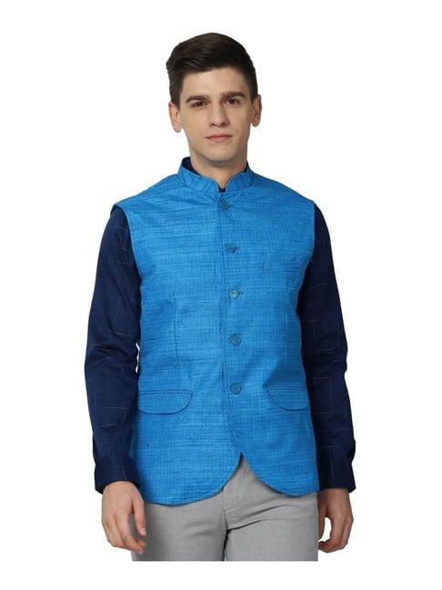 peter england blue regular fit self pattern nehru jacket