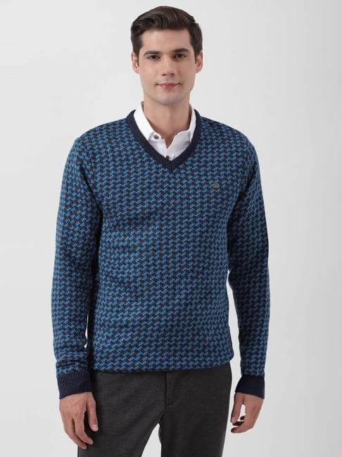 peter england blue regular fit self pattern sweater