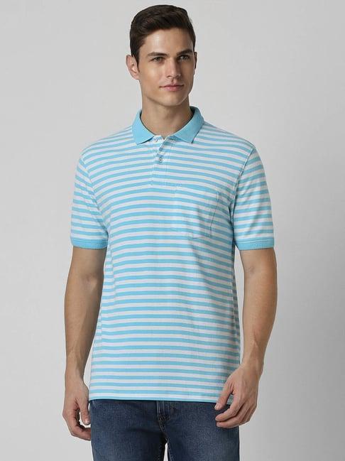 peter england blue regular fit striped polo t-shirt