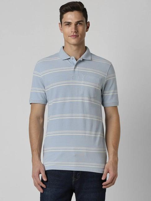 peter england blue regular fit striped polo t-shirt