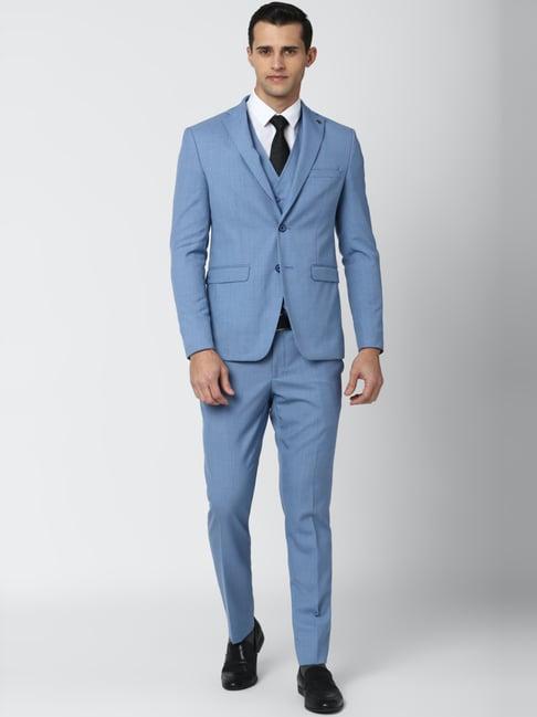 peter england blue slim fit self pattern three piece suit
