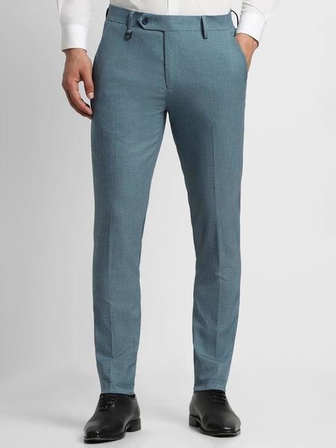 peter england blue slim fit self pattern trousers