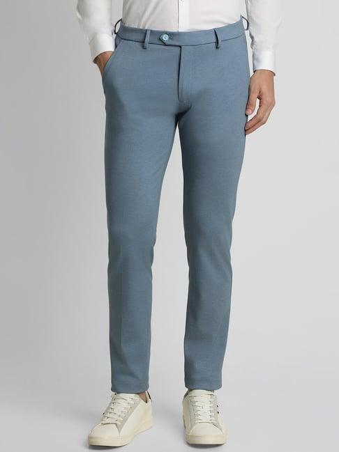 peter england blue slim fit texture trousers