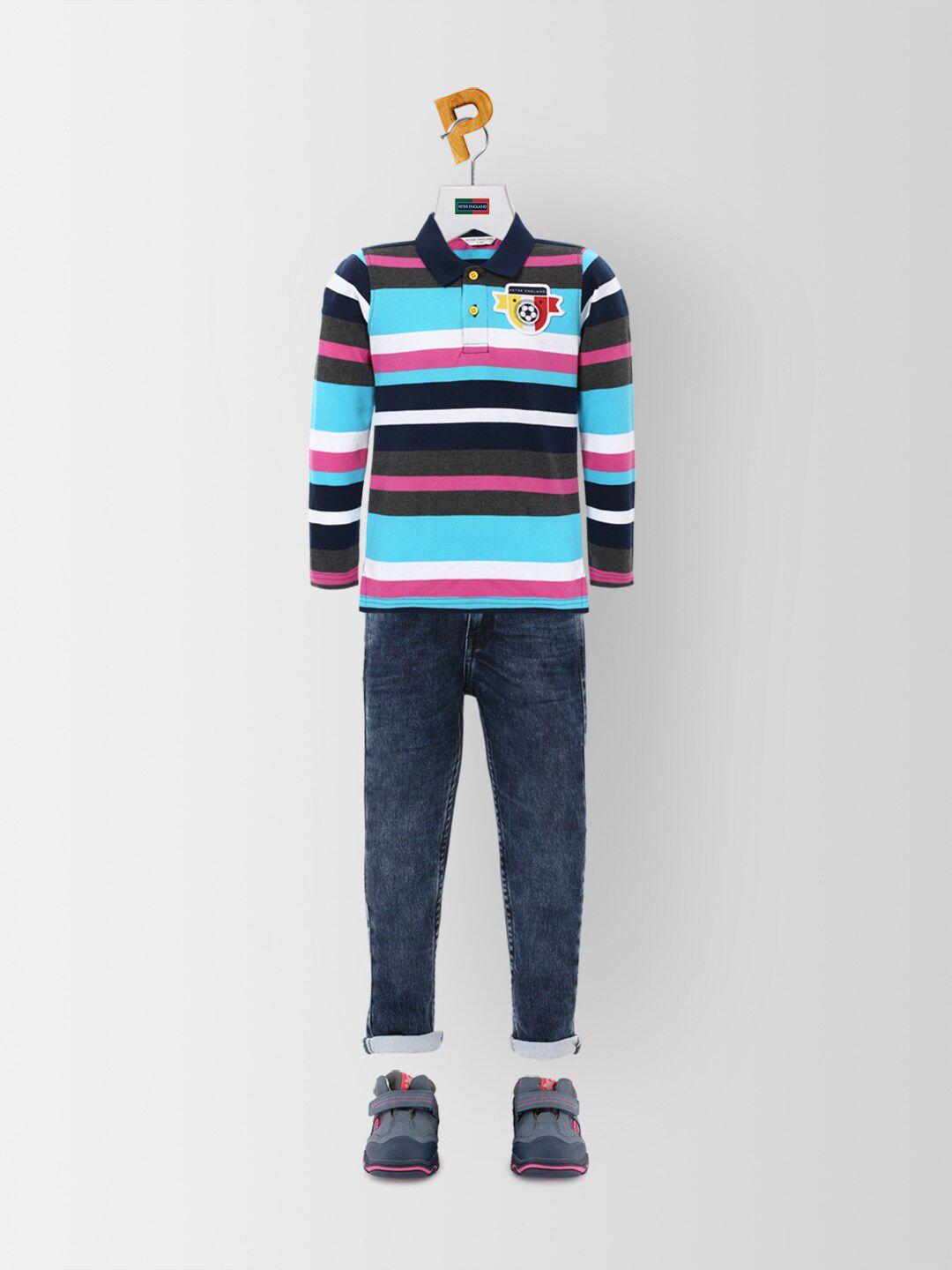 peter england boys black & blue striped polo collar applique cotton t-shirt