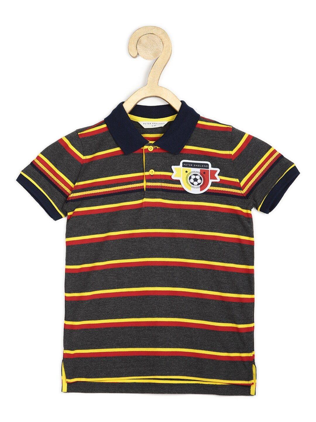 peter england boys brown & yellow striped polo collar cotton t-shirt