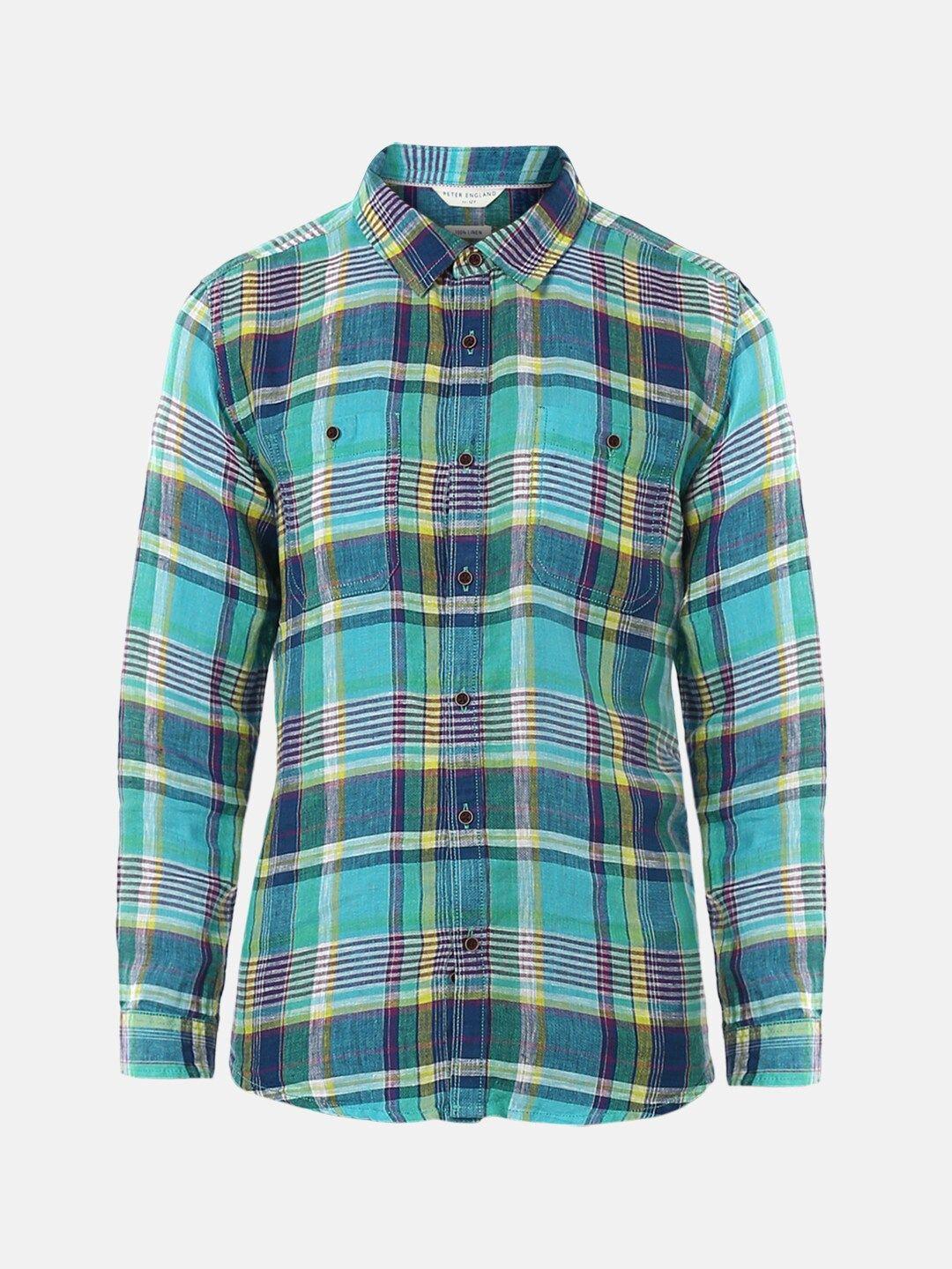 peter england boys green & blue slim fit tartan checked pure cotton casual shirt