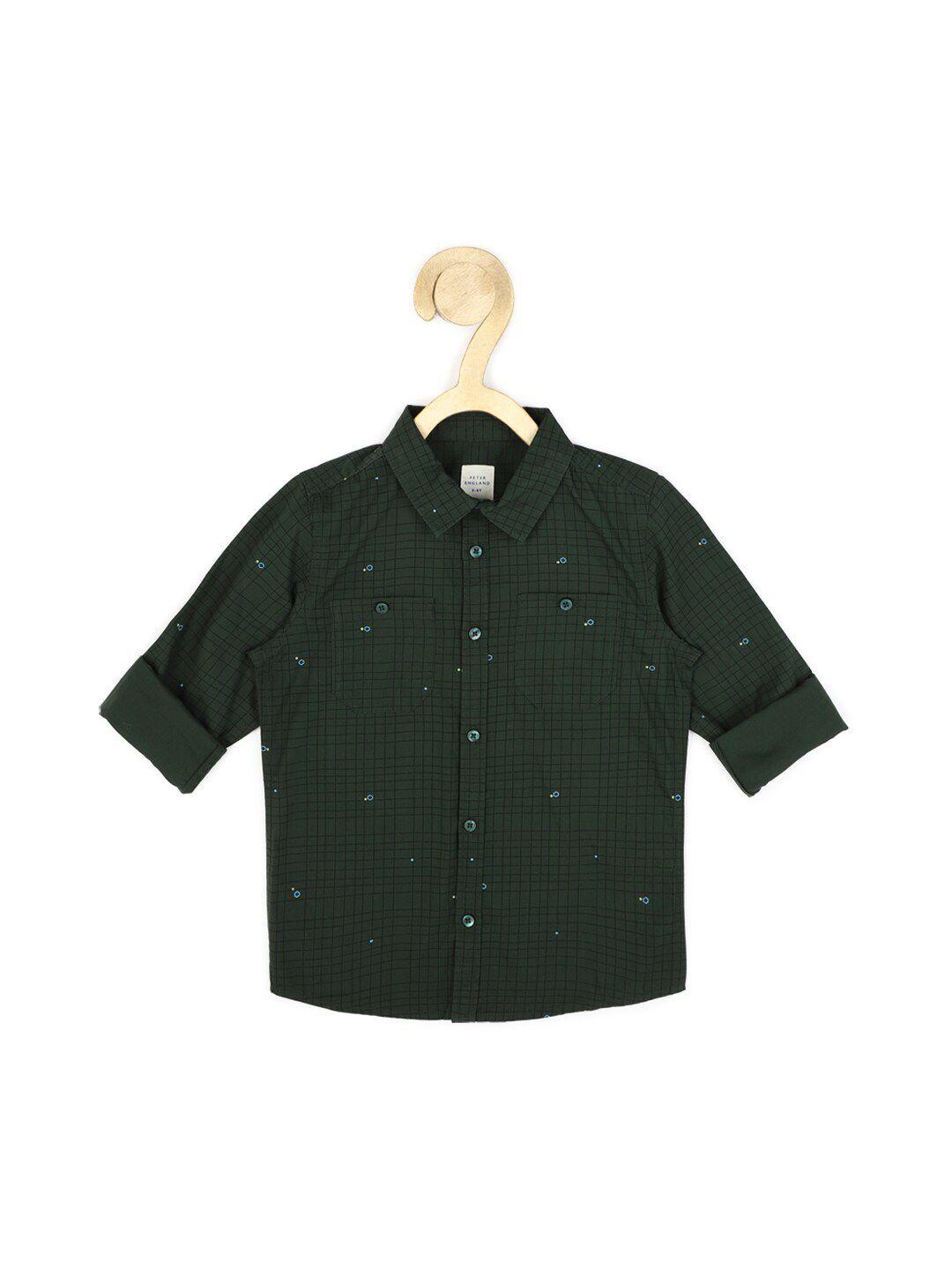 peter england boys green slim fit checked casual cotton shirt