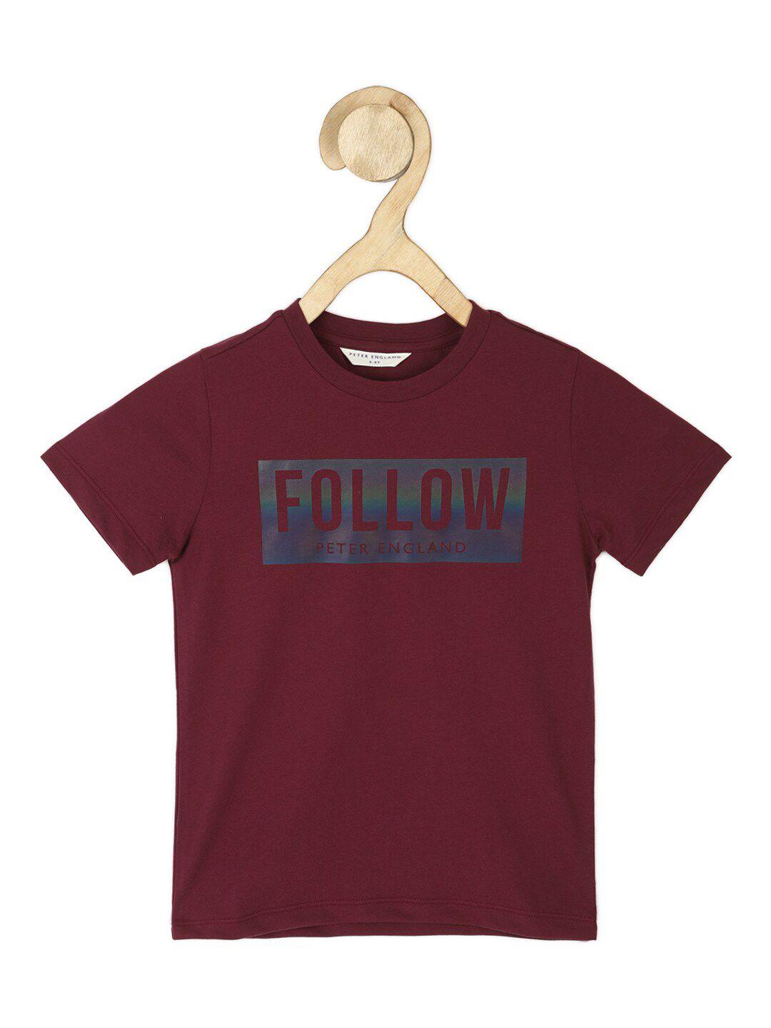 peter england boys maroon & grey typography printed t-shirt