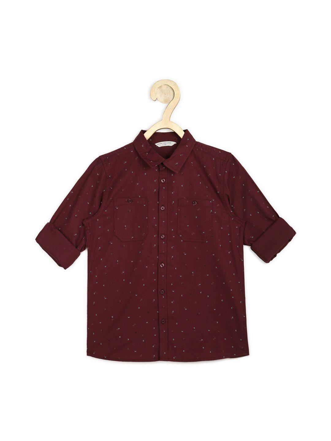 peter england boys maroon slim fit printed cotton party shirt