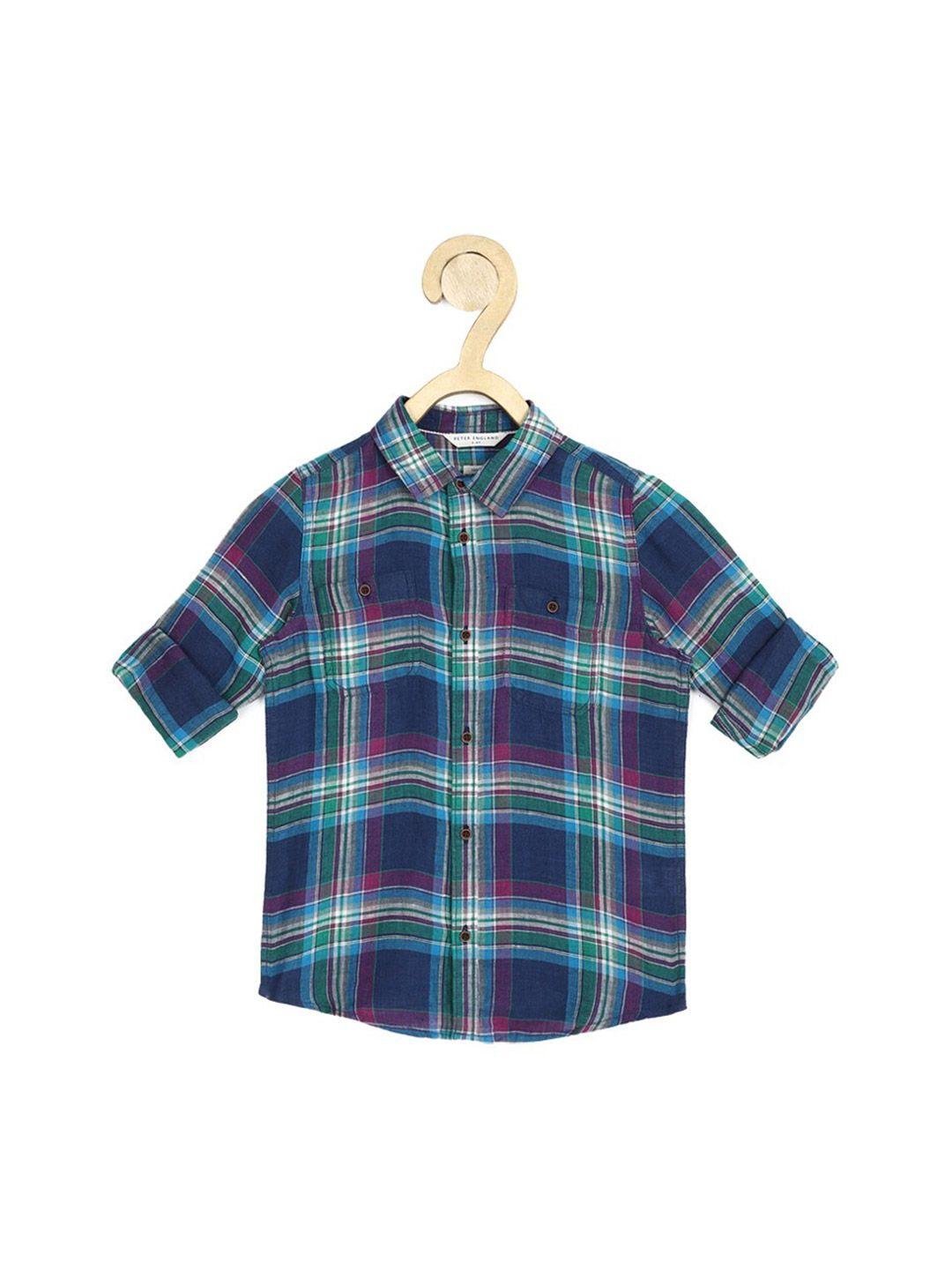 peter england boys navy blue slim fit checked casual shirt