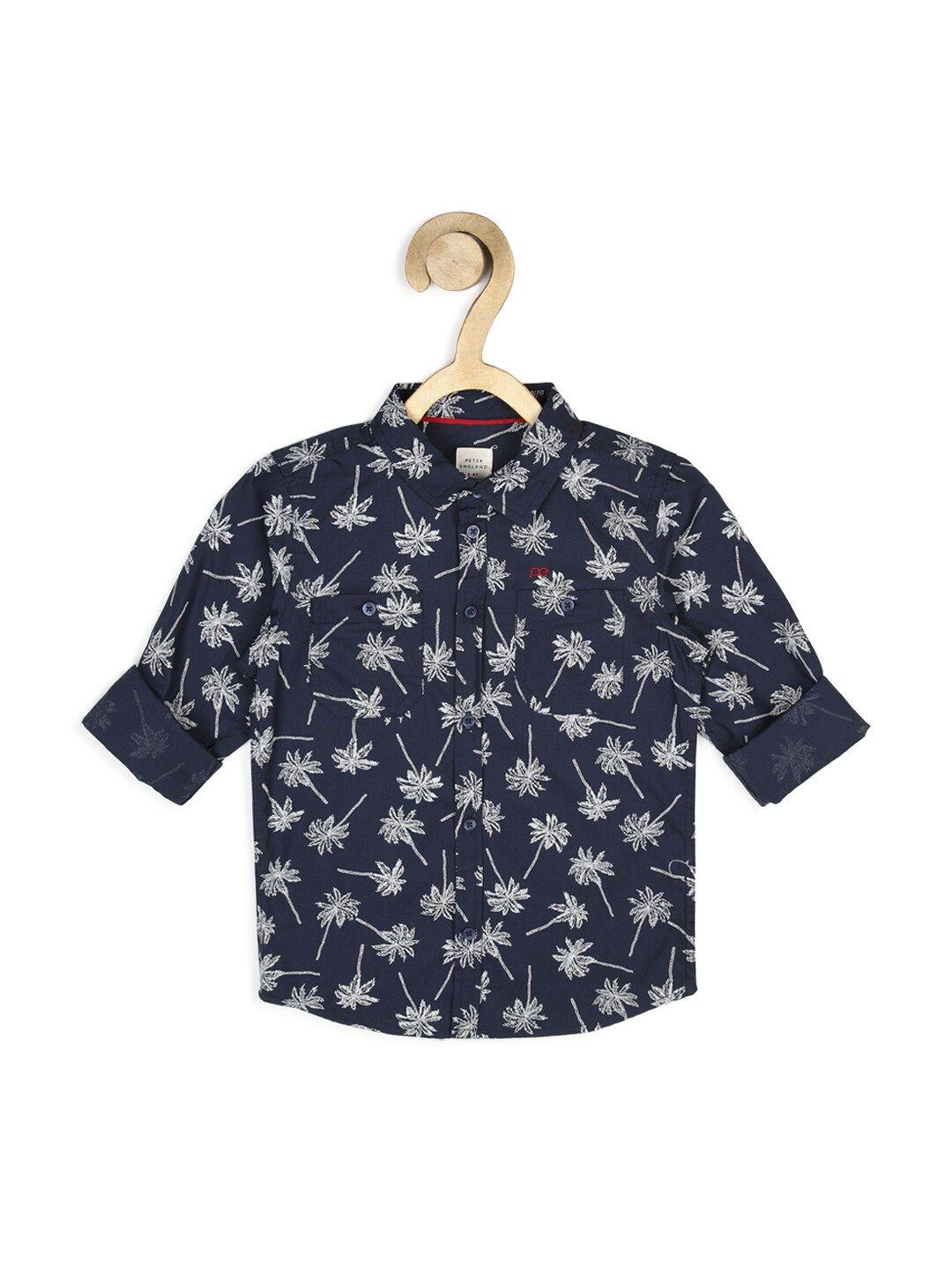 peter england boys navy blue slim fit floral printed casual pure cotton shirt