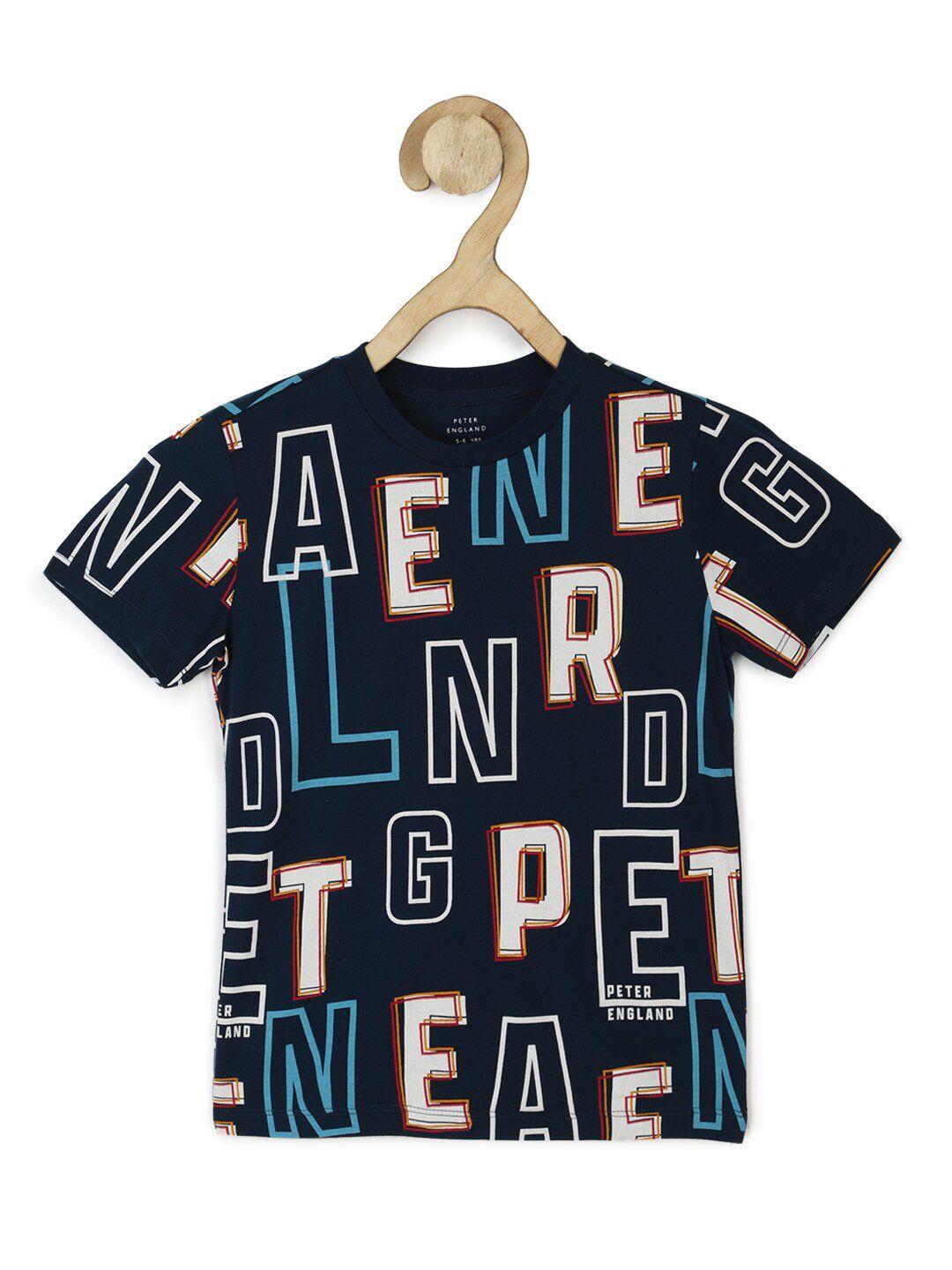 peter england boys navy blue typography printed cotton t-shirt