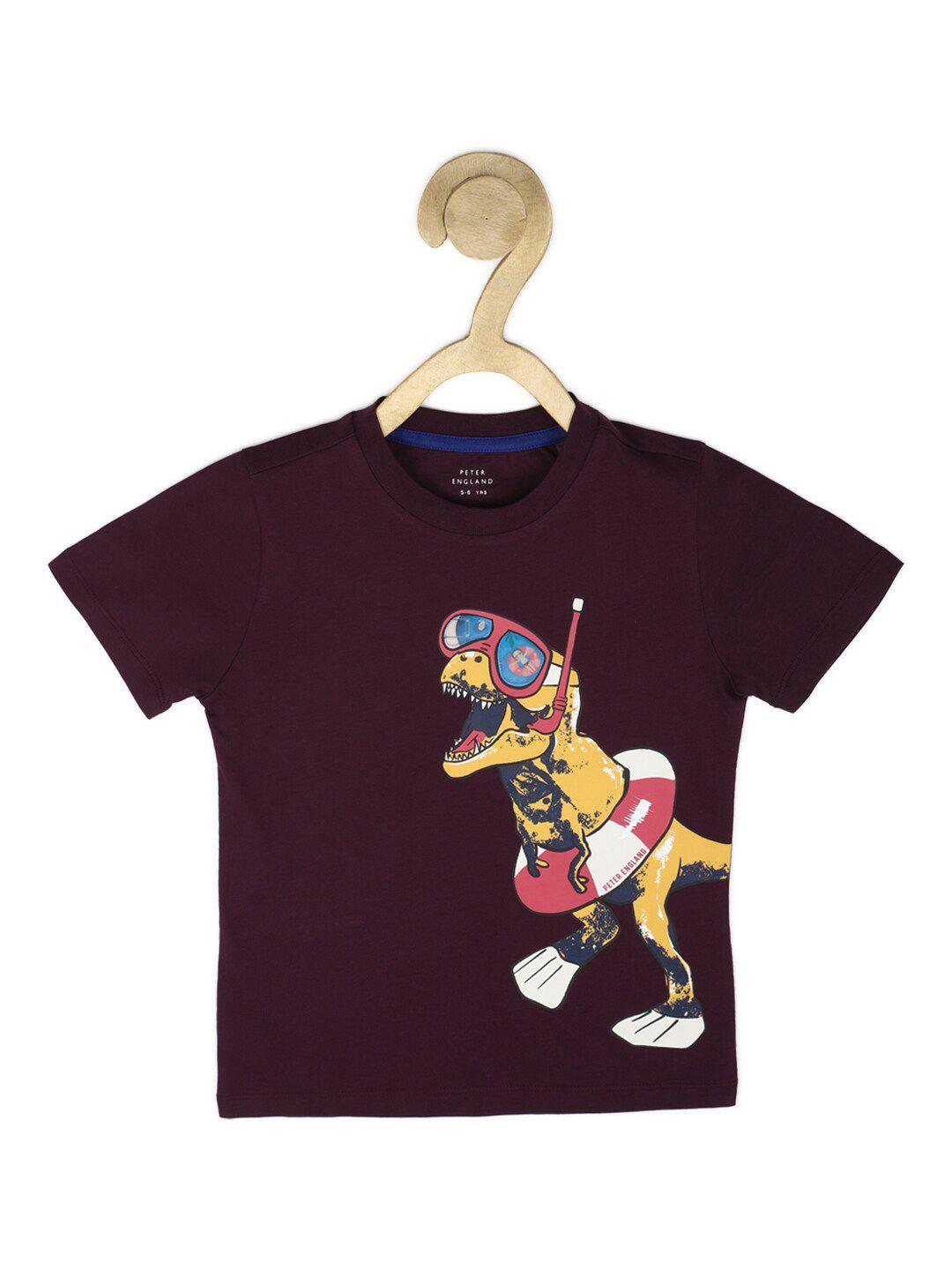 peter england boys purple & yellow printed pure cotton t-shirt