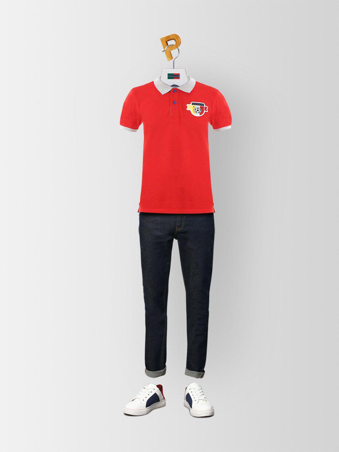 peter england boys red polo collar applique t-shirt