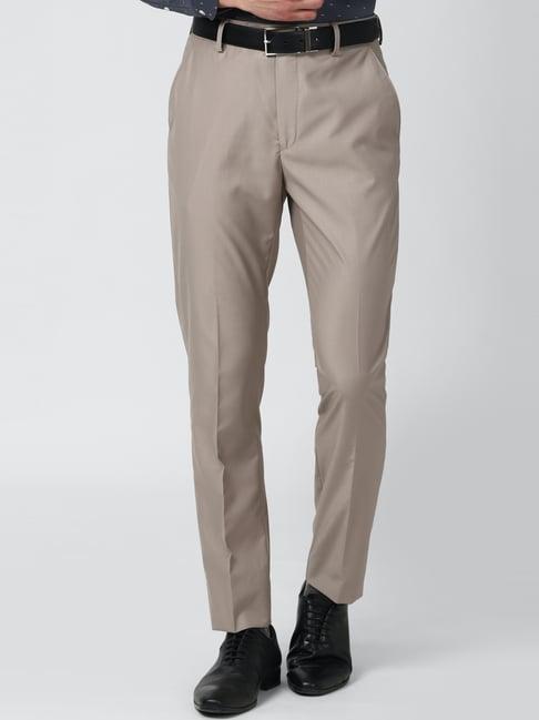 peter england brown cotton slim fit flat front trousers