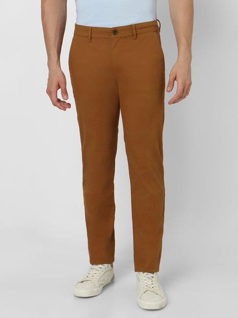 peter england brown cotton slim fit trousers