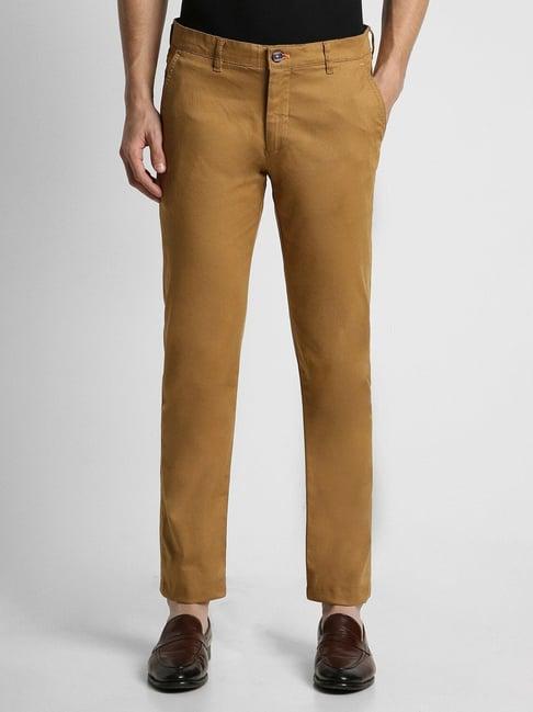 peter england brown cotton slim fit trousers