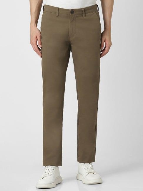 peter england brown cotton slim fit trousers