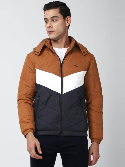 peter england brown regular fit colour block hooded jackets