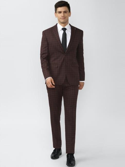 peter england brown slim fit checks two piece suit