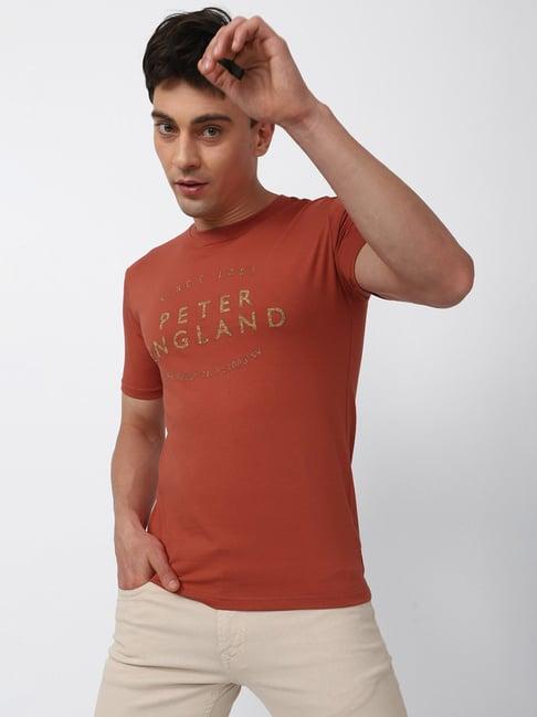 peter england burnt orange slim fit graphic print crew t-shirt