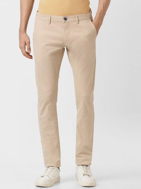 peter england casuals beige cotton skinny fit trousers