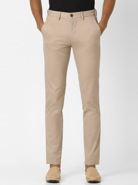 peter england casuals beige cotton slim fit trousers