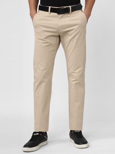 peter england casuals beige cotton slim fit trousers