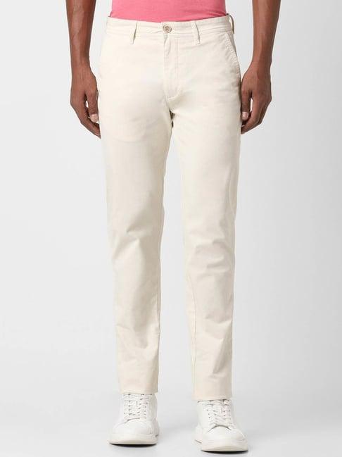 peter england casuals beige cotton slim fit trousers